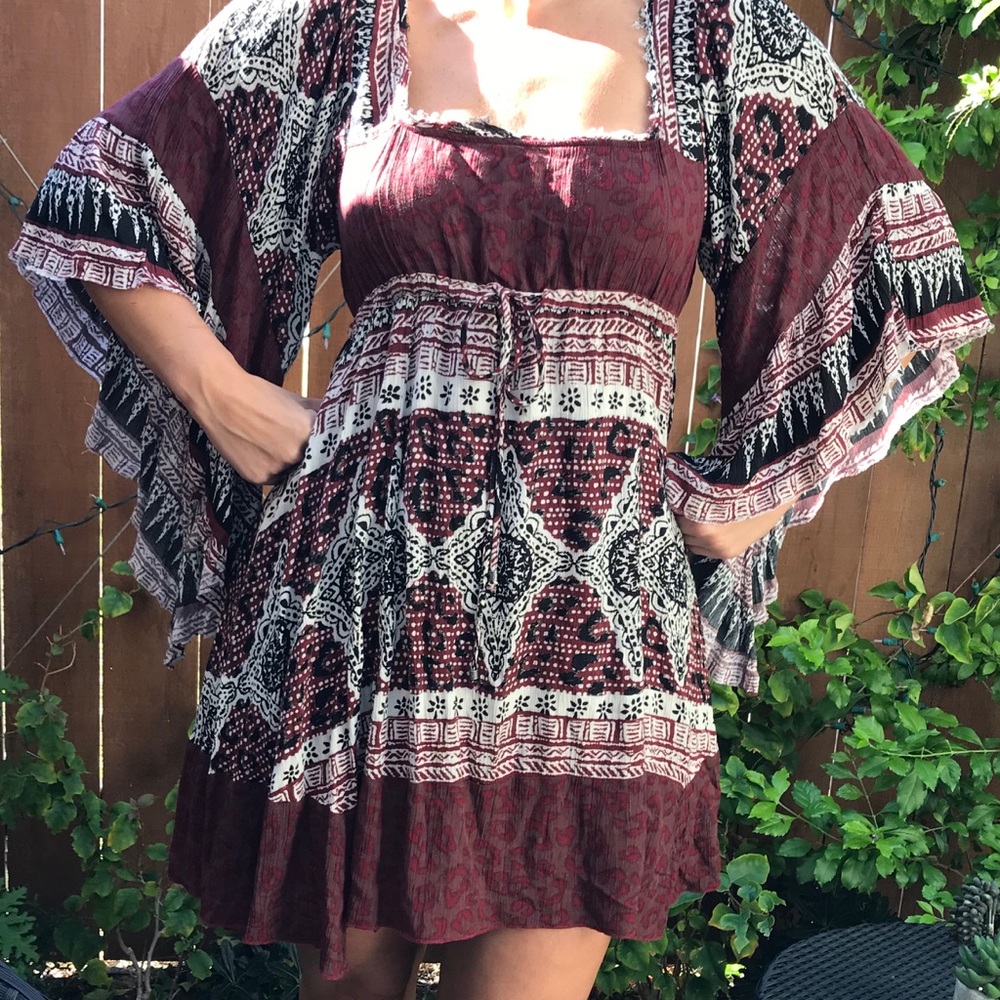 Free People Burgundy, White and Black Printed Mini Dress